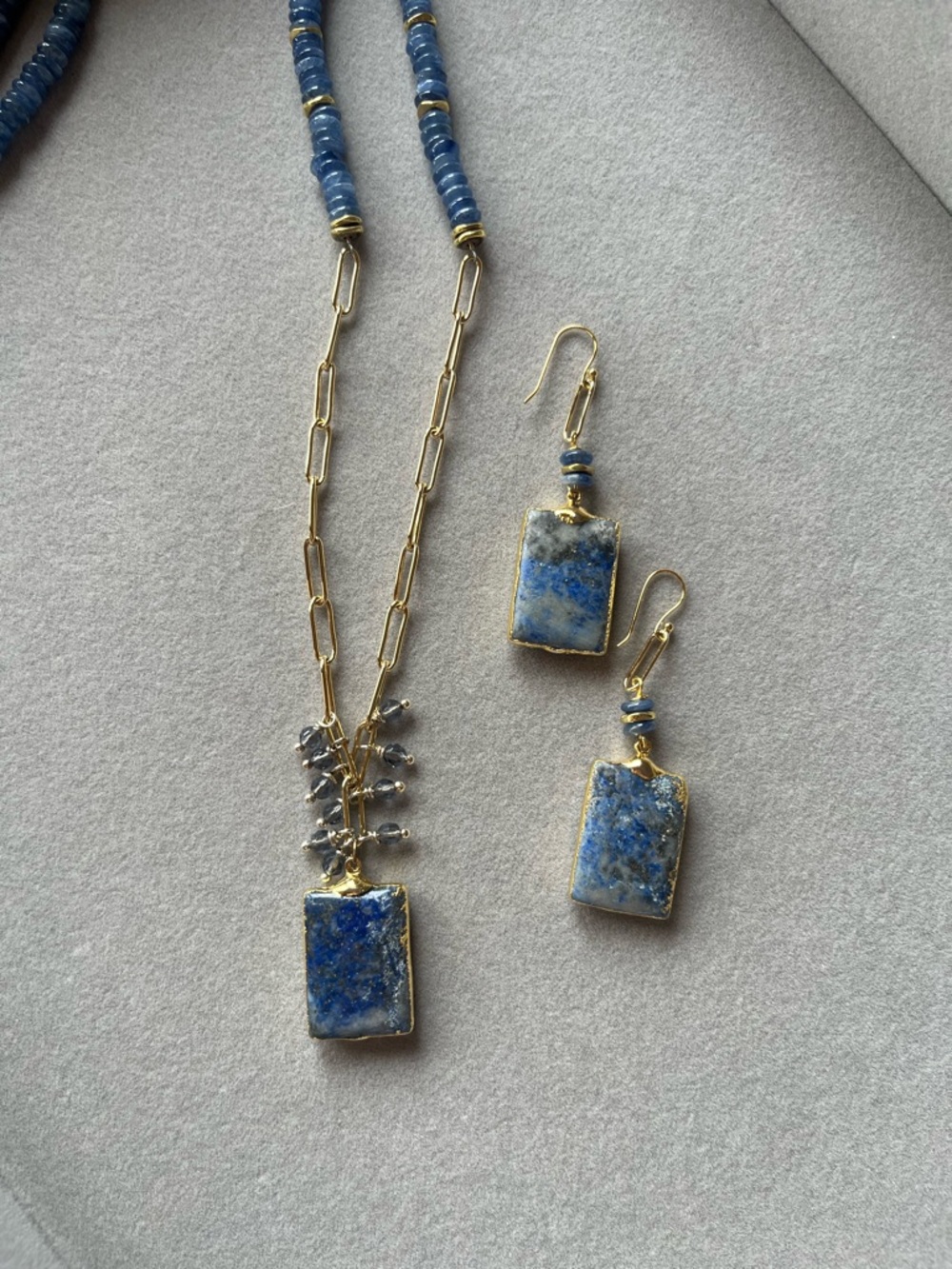 24k Gold Dipped Lapis and Iolite Necklace and Earring Set NWOT never worn
